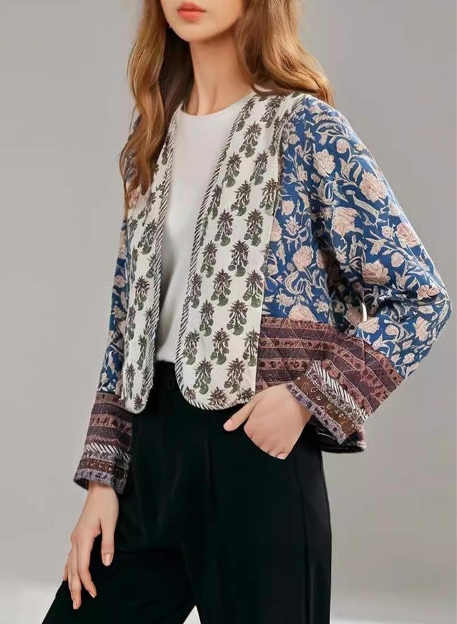 flygo جاكيت نسائي قصير منفوخ من فلايغو، كارديجان مطبوع عليه زهور، معاطف مبطنة، خفيف الوزن، مفتوح من الأمام، قصير، مبطن بالريش (01أزرق-صغير) - Image 3